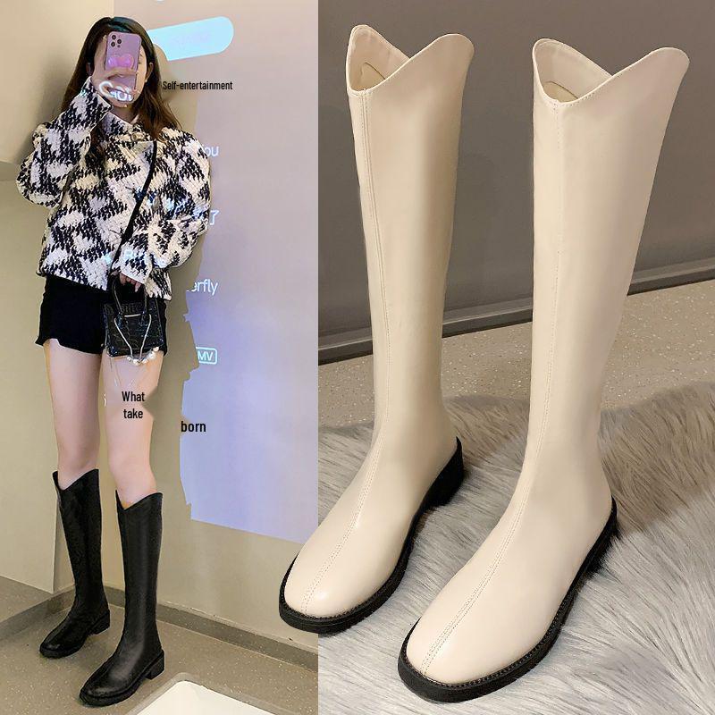 V-Mouth Knee-High Women's Knight Boots, 2025 Spring/Autumn, Low-Heel Chunky High-Leg Winter Martin Boots