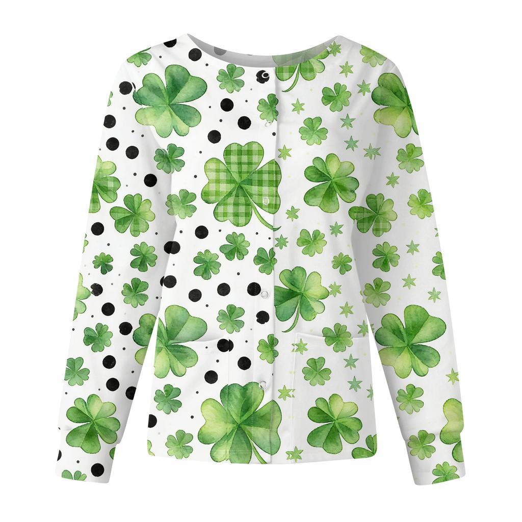 Damen Casual Mode Langarm Stehkragen Einreiher St. Patrick's Day Print Arbeitsjacke Tops
