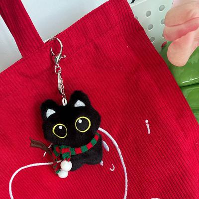 Cute Scarf Big Eyes Black Cat Plush Key Chain Squeak Soft Stuffed Pendant Doll Couple Keyring Backpack Decorative Christmas Gift
