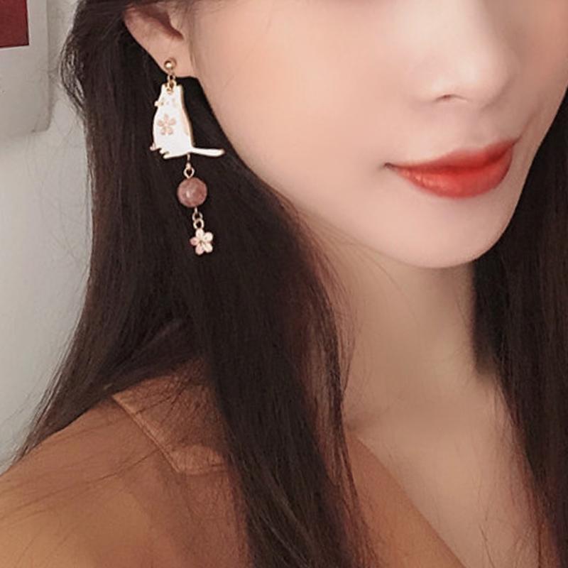 Vintage Chinese Style Flower Fan Earrings for Women Cute Asymmetrical Crane Cat Drop Earring Girls Party Daily Fashion Jewelry