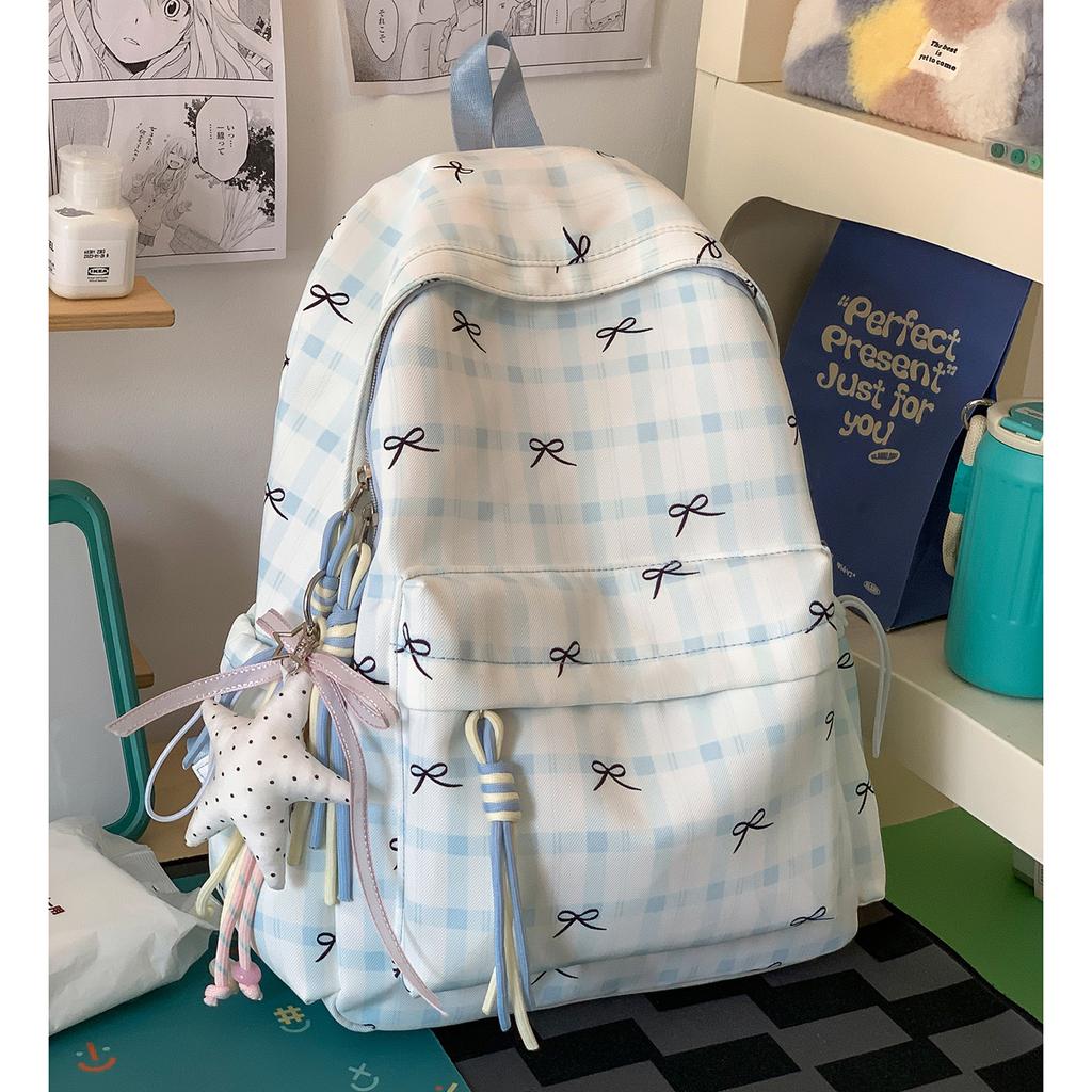 Schoolbag Spring and Summer Small Fresh Plaid Student Schoolbag Large Capacity Cute Bow Printing New High Value Backpack
