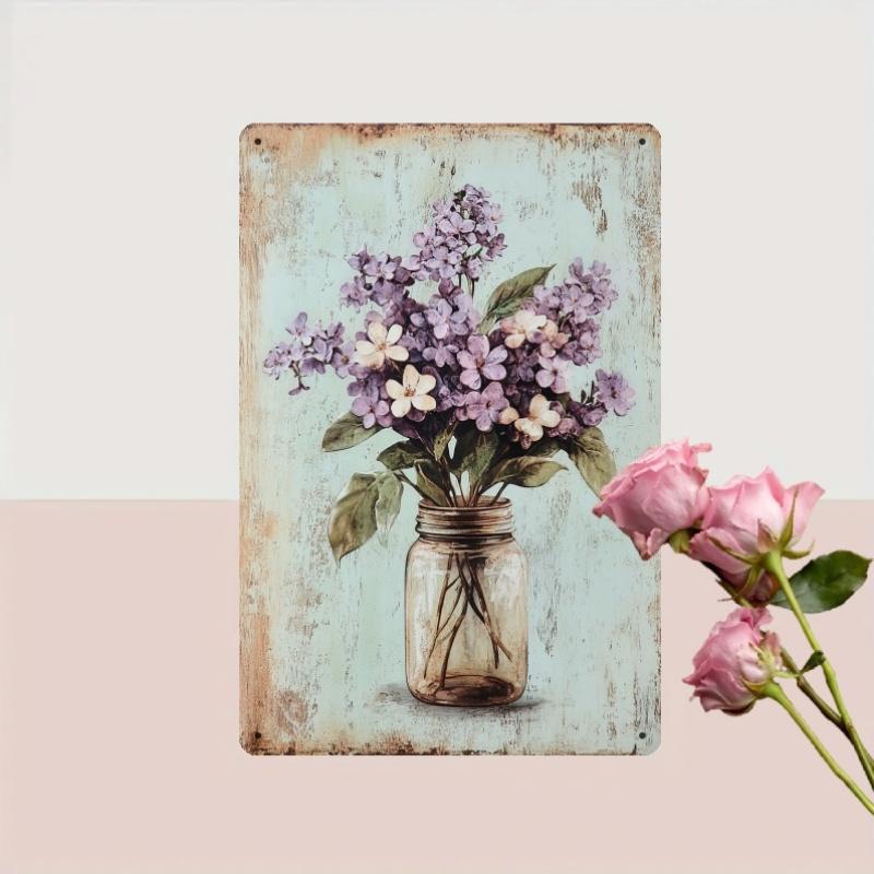 Room Decor 1pc Vintage Floral Iron Sign, Rustic Lilac and Daisy in Mason Jar Art, 8x12 Inch Wall Decor for Bedroom, Dining Room,