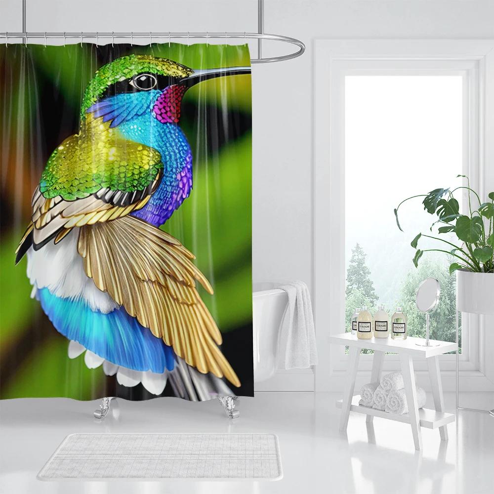 Spring Floral Hummingbird Shower Curtain for Bathroom Watercolor Flowers Birds Fabric Bath Curtains Modern Art Decor with Hook