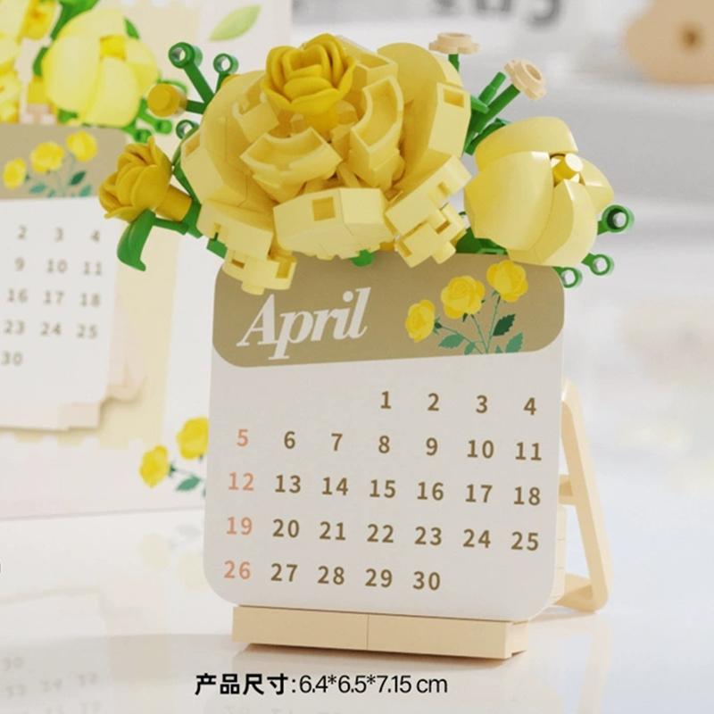 Latest Diy Calendare Time Date Flower Rose Sunflower Phalaenopsis Plum Blossom Construction Blocks Kit  Blocks Model Kids Plaything Gift