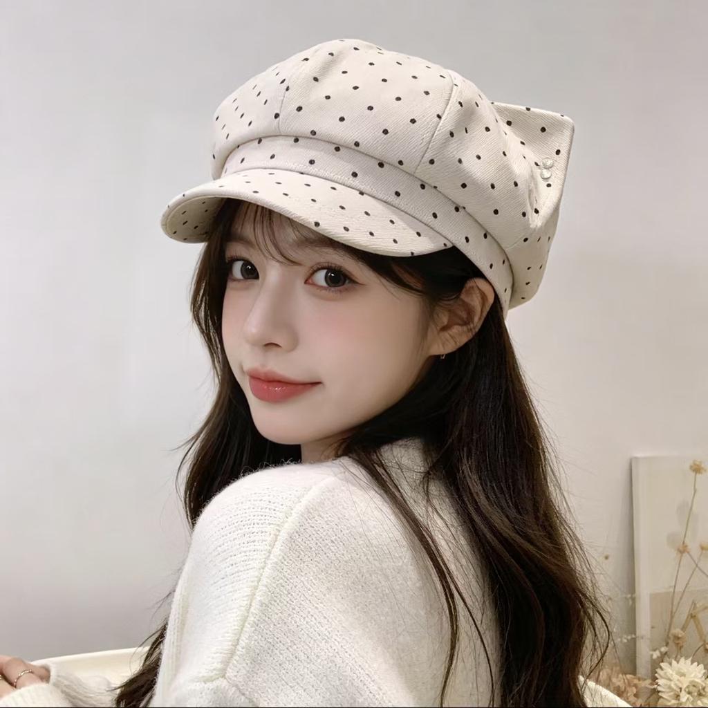 Retro polka dot cat-ear soft and cute duckbill cap for women, autumn and winter sunshade newsboy cap, trendy and face-slimming octagonal hat