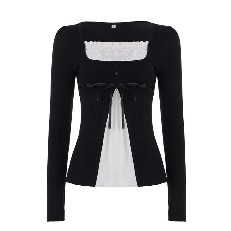 

French Sweet Style Color-Blocking Pleated Square-Neck Long-Sleeve T-Shirt Autumn and Winter Tie-Waist A-Line Babydoll Top for Women Black and White S