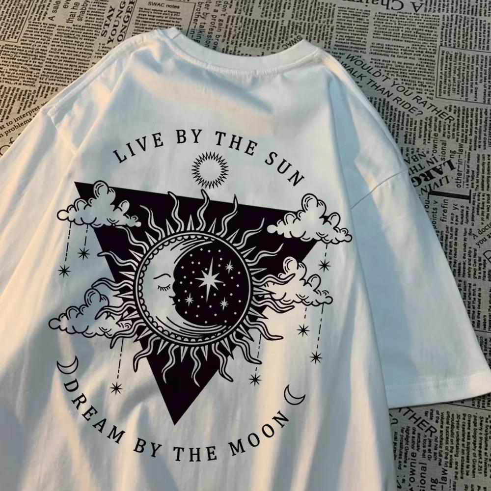 Live By The Sun Dream By The Moon Tshirt Men Women Hip Hop Cotton Casual Tops Pattern Sweat Summer Clothing Fashion Loose Tshirt