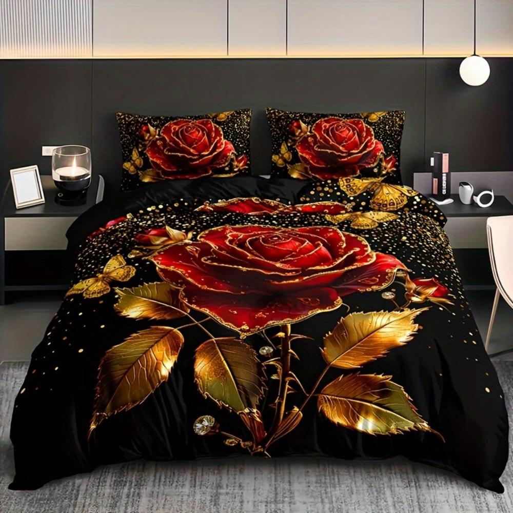 3-teiliges Bettwäscheset Schwarz Rot Goldener Rosenprint Gemütliches Bettbezugset King Queen Twin Einzelgröße Geburtstagsgeschenk Schlafzimmerdeko für Erwachsene