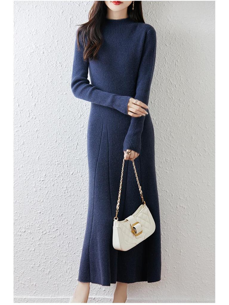2025 H/W Damen Schlankmachendes Gestricktes Woll A-Linien Midikleid mit Halbhohem Kragen