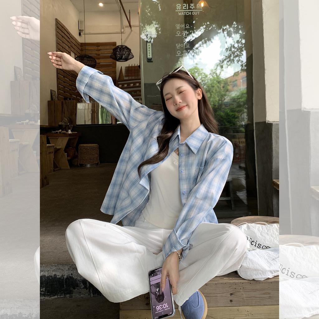 Blue plaid single-breasted Polo collar long-sleeved shirt women's early autumn new pocket design loose top