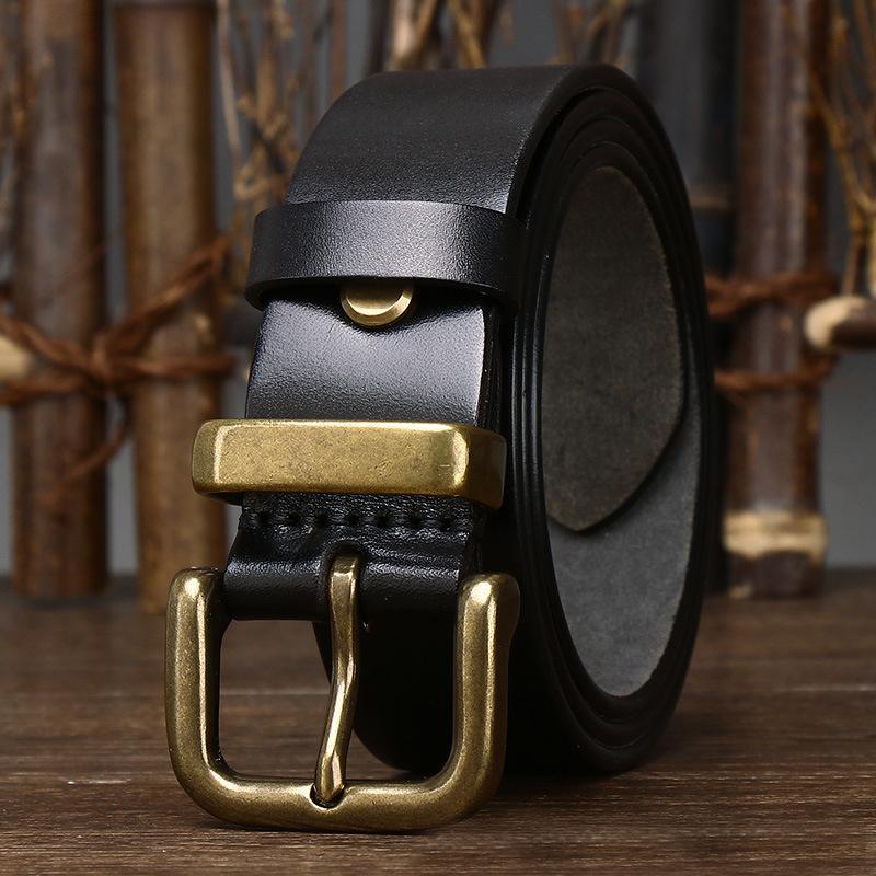 

3.8CM Male Belt Cowskin Genuine Leather Strap Pure First Layer Cowhide Retro Pin Copper Buckle Jeans Men Belt for Jeans 125cm чорний