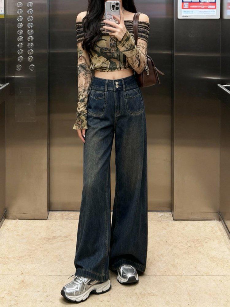 Velvet Thickened Wide-Leg Jeans for Women - 2026 Autumn/Winter Retro High-Waisted Straight Leg Pants