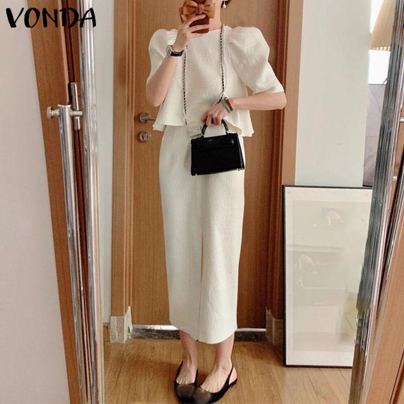 

VONDA комплекты из 2 предметов женские элегантные пышные топы с короткими рукавами длинные юбки повседневные костюмы больших размеров
