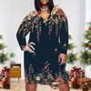 Women Plus Size V Neck Long Sleeve Floral Printed Dark Green Fitted Dress