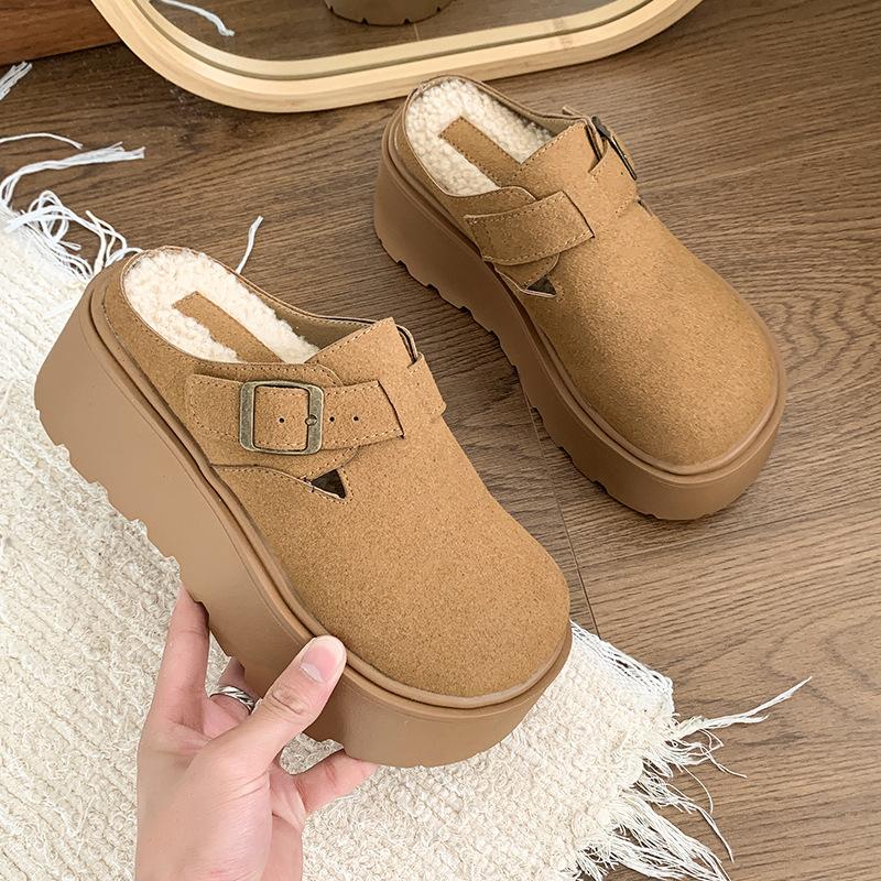 Suede Fluffy Slippers for Women To Wear New Winter Plush Thick-soled Bag Head To Keep Warm Half Slippers Are Fashionable