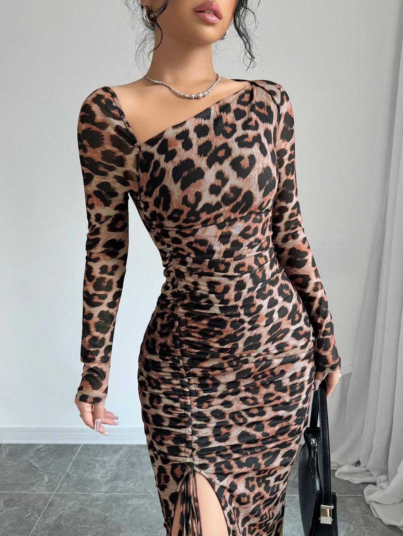 Women’s Leopard Print High Waist Long Sleeve Round Neck Dress M хаки