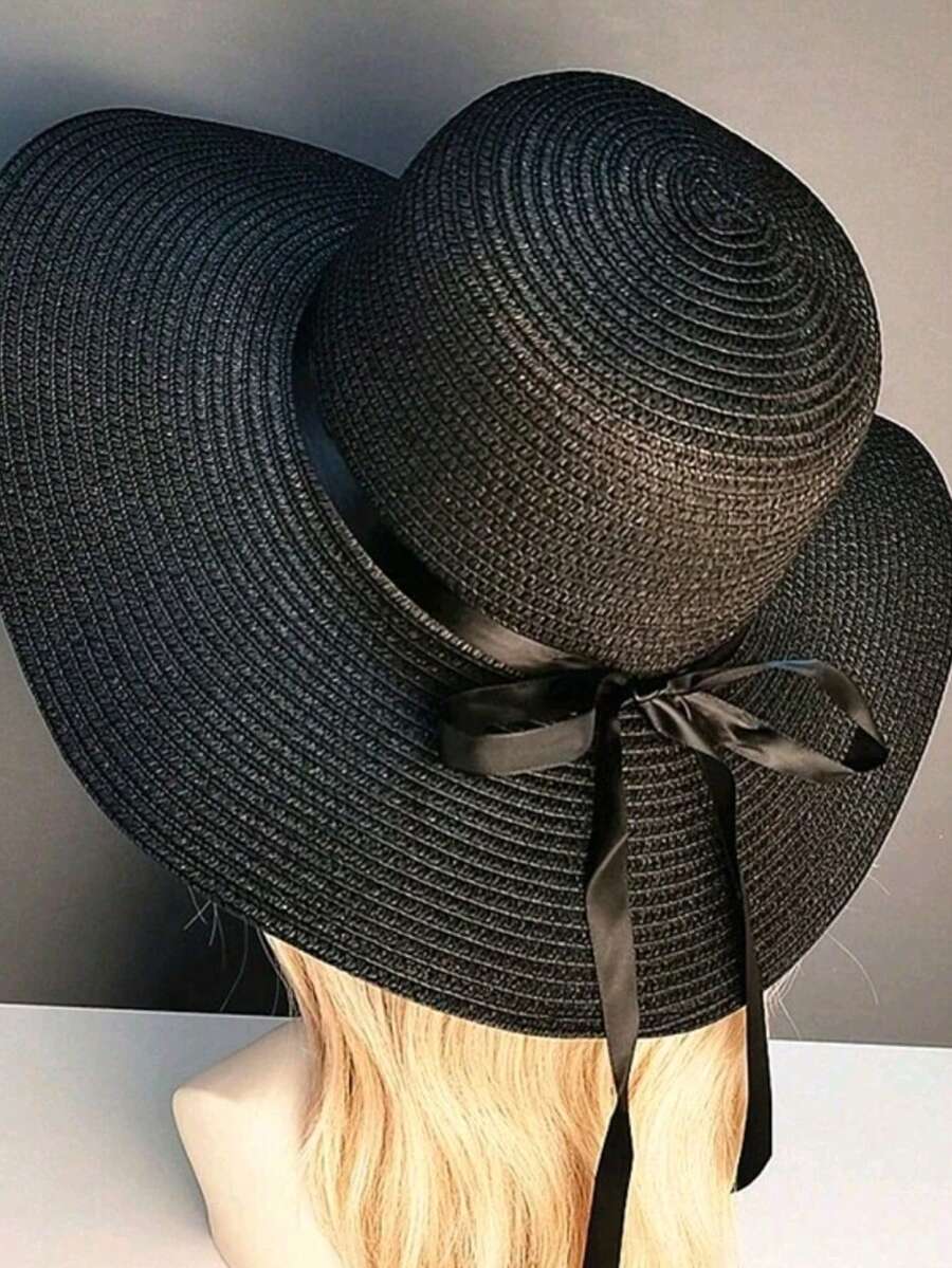 Zealous Sole Women's Black Summer Beach Sun Hat With Large Brim Foldable Straw Hat Cm