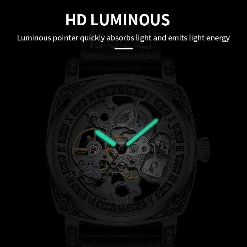 TEVISE Skelett Mechanische Uhr Herren Vintage Graviert Automatik Mechanische Armbanduhren Silber Edelstahlarmband