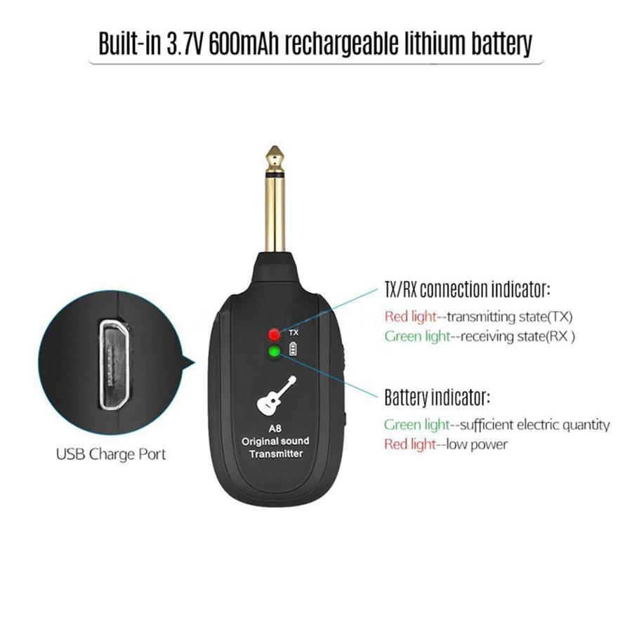 Wireless Guitar Transmitter + Receiver Built In Rechargeable Battery Micro USB