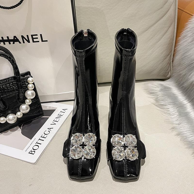 Square head short women's rhinestone thick heel high heels patent leather thin versatile small medium tube elastic