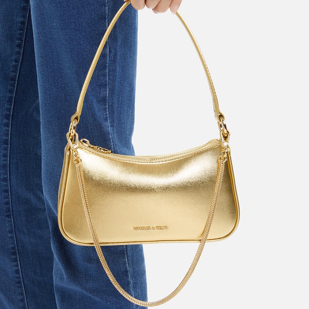 New CHARLES&KEITH Synthetic Leather Shoulder Bag Crossbody Bag Handbag Small Size Women's Noir Black/Silver/Gold CK2-80151362-A