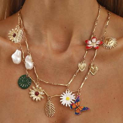 New Arrival Butterfly Flower Multi Pendant Necklace Retro Simple Style Alloy Choker Necklace Fashion Jewelry For Women