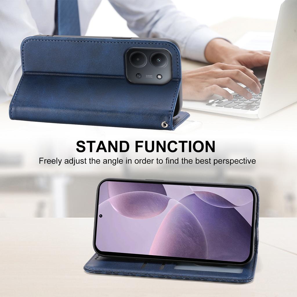 For Xiaomi Redmi 15C 4G (Global) (171mm)/Poco C85 4G Case Calf Texture PU Leather Wallet Phone Cover with Wrist Strap