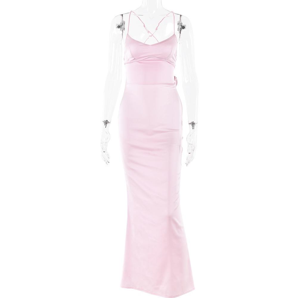 Women's V Neck Sleeveless Maxi Dress Slim Fit High Waist Mermaid Dress Satin Spaghetti Strap Criss Cross Back Tie Backless Wedding Party Long Dress