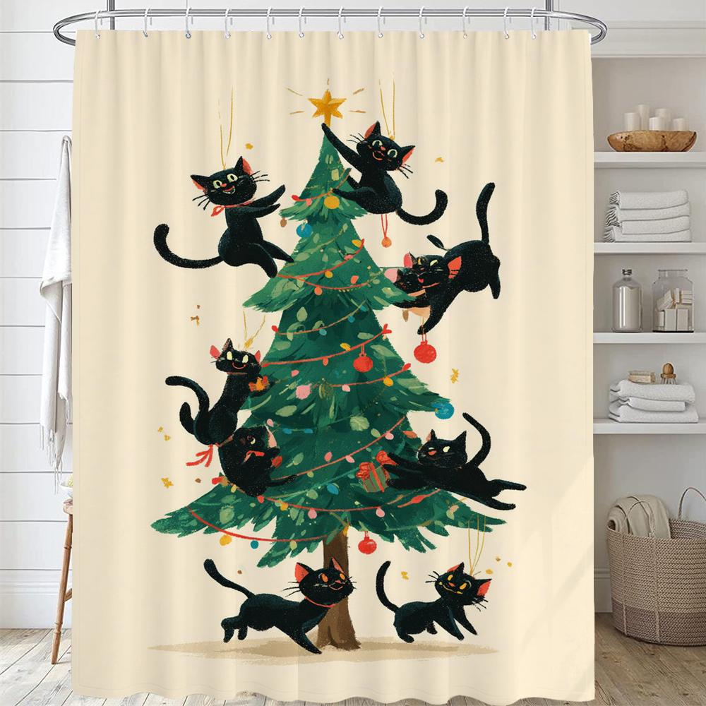 Christmas Shower Curtain,Winter Christmas Shower Curtains for Bathroom,Cute Christmas Cat Shower Curtain,with Hooks