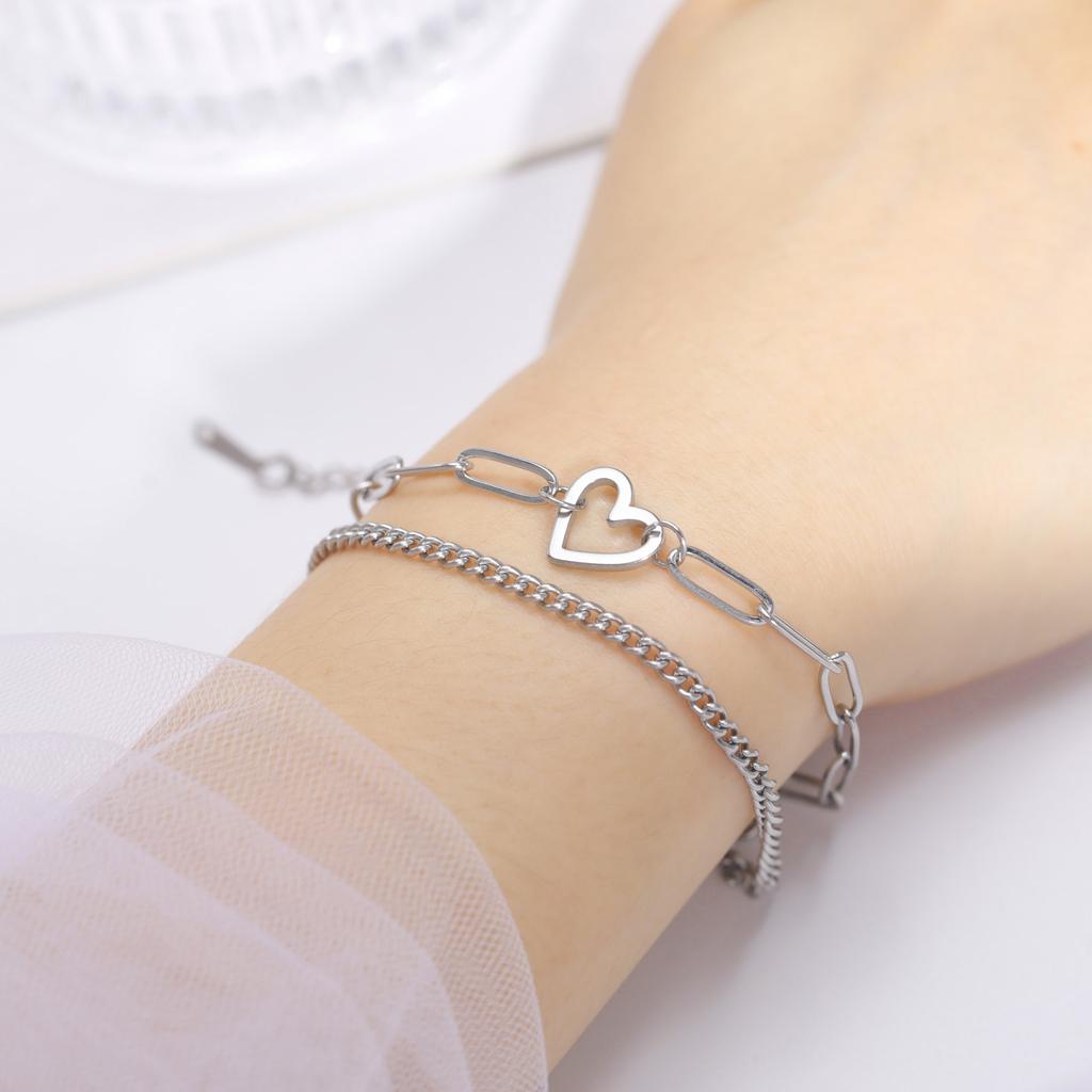 Heart Charm Bracelet Women's Stainless Steel Double Layer Paper Clip Chain Bracelet Jewelry Valentine's Day Gift New
