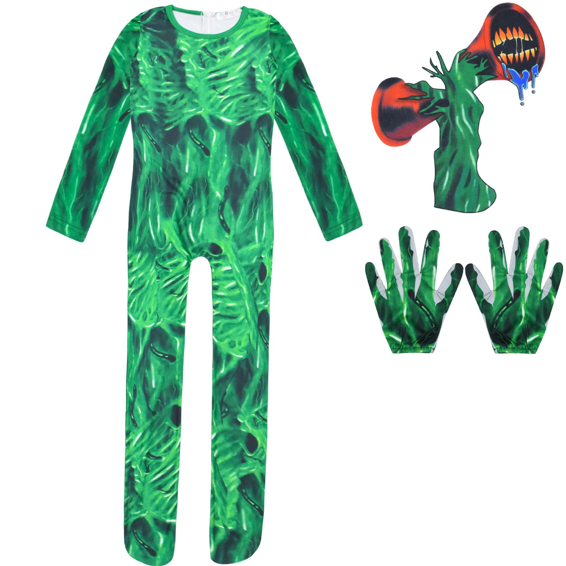 

Siren Halloween Head Horror Outfit Medium Cosplay Costume Jumpsuitmask Gloves 140 зелений