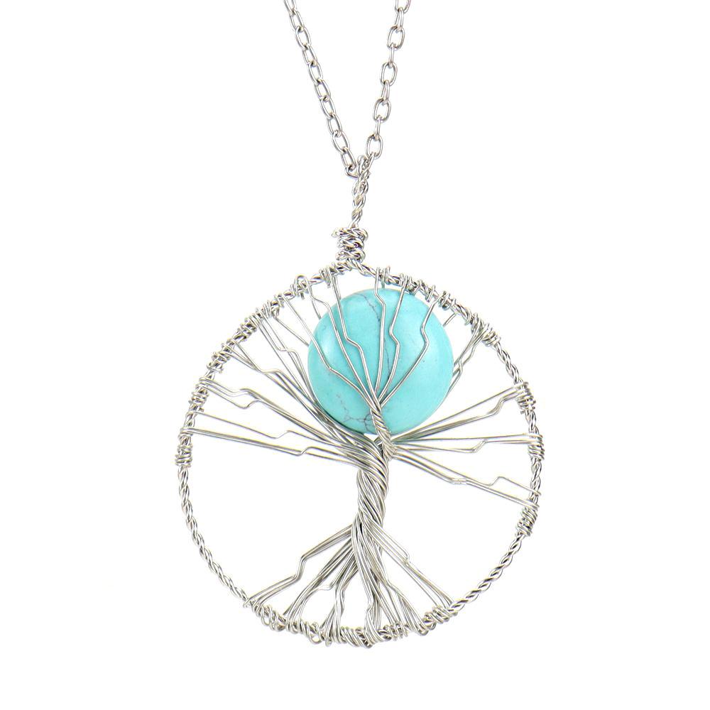 Hand-Wrapped Natural Crystal Agate Disc Tree Of Life Pendant Necklace N116