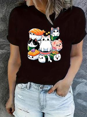 Cartoon Sushi Cat Pattern Print Women's Fashion Trendy T-shirt Round Neck Short Sleeve Simple Casual Sports T-shirt