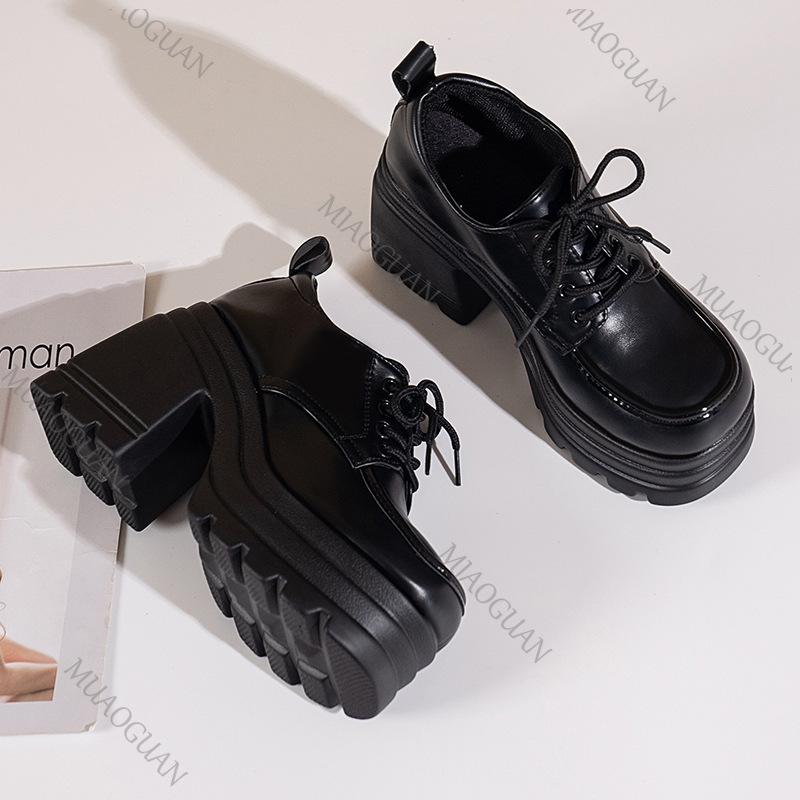 Fashion Gothic Chunky High Heels Loafers for Woman New Leather Platform Female Solid Color Heeled Lolita Shoes Lace Up Heels for Women
