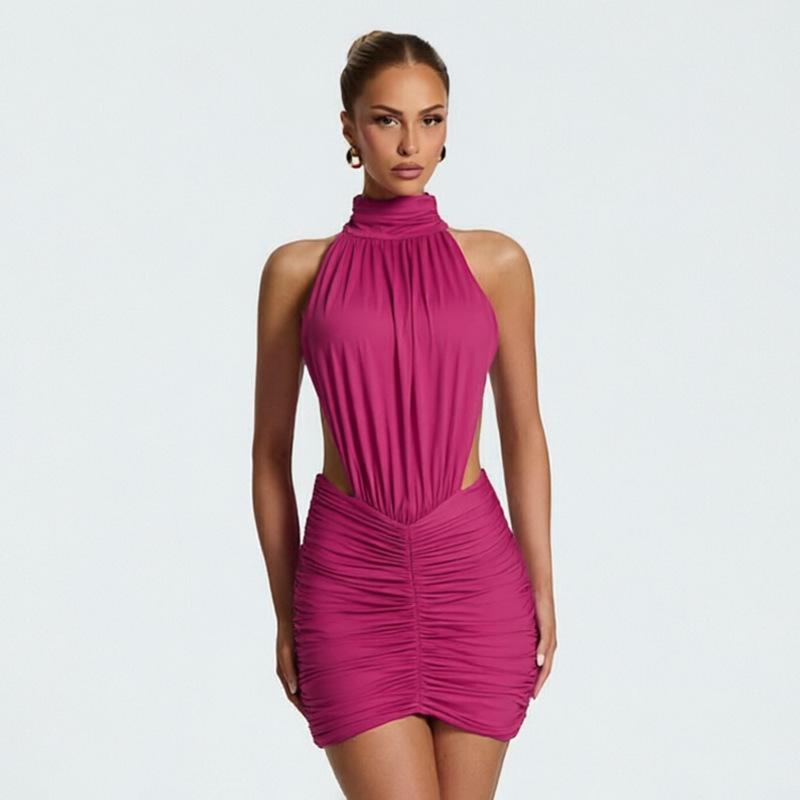 European and American women's clothing summer new solid color sleeveless high neck pleated sexy backless hip-wrapped dress women