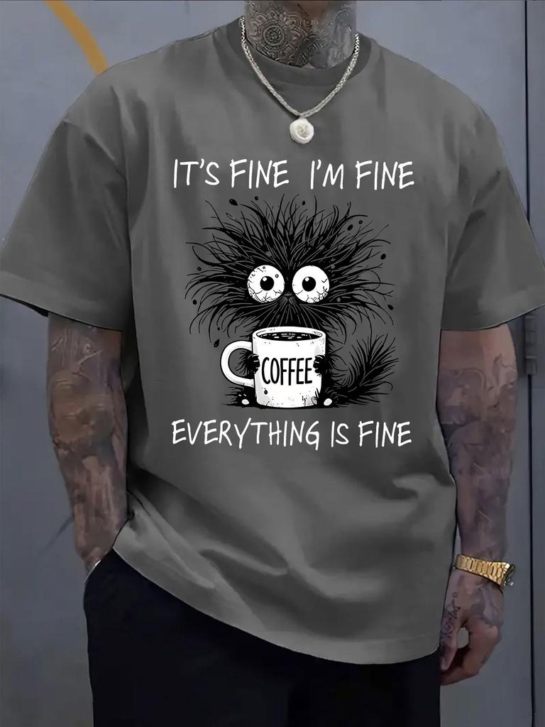 Unisex Oversize Tee It S Fine Cat Coffee Cartoon Graphic Cotton Crew Neck Short Sleeve Casual Daily Street Male Basic Fashion Top