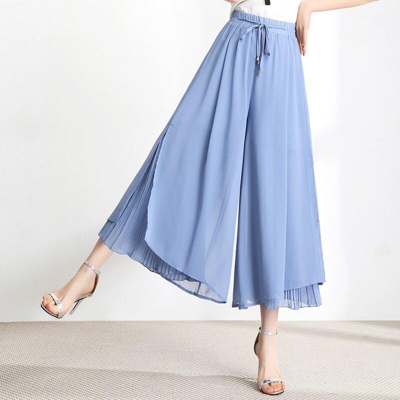 Dámské kalhoty plus size Dámské šifonové jednobarevné kalhoty se širokými nohavicemi Elastické kalhoty