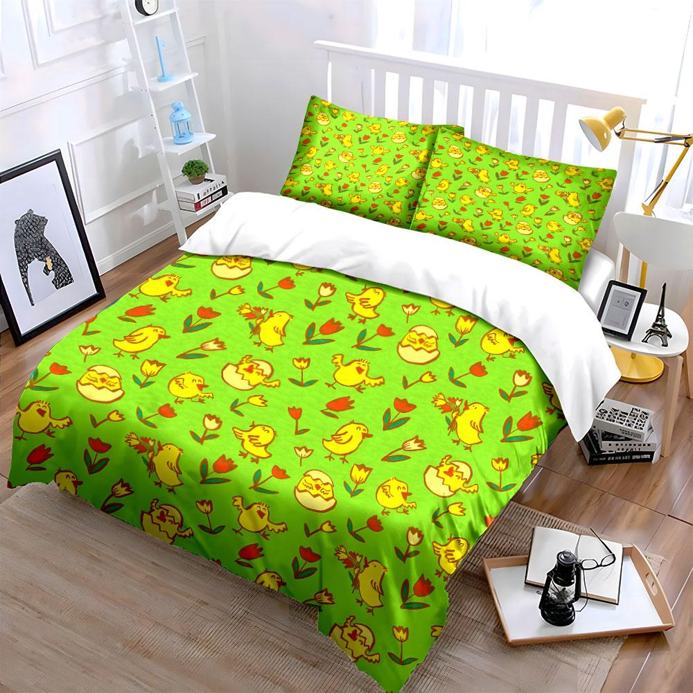 Cute Chicks And Flowers Background Bedding Set For Kids Luxury Gift 3Pcs Digital Print Comforter Set Soft Comfortable Breathable
