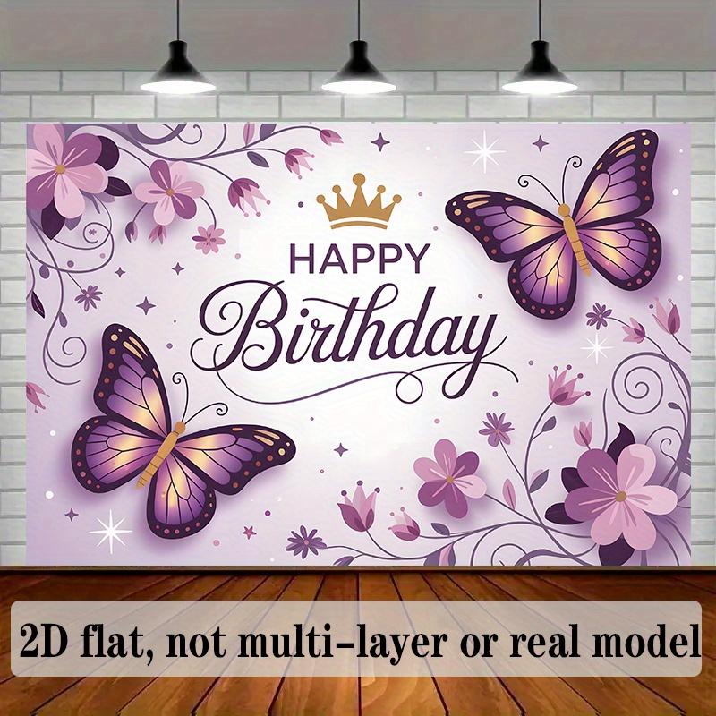 Purple Butterfly Birthday Banner, Golden Accent Backdrop Wall Decor for Party