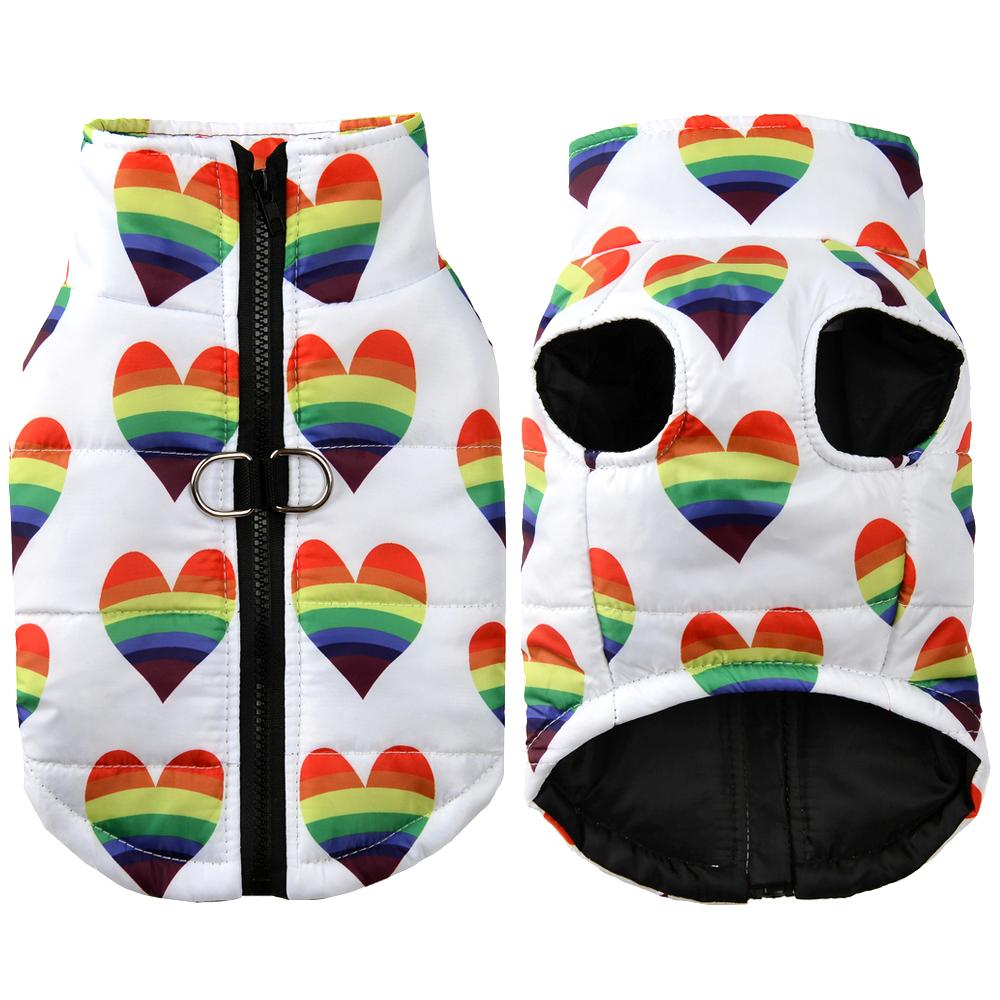 

Warm Dog Jacket Rainbow Love Print Pet Clothes For Small Medium Dogs Cats Winter Windproof Warm With D-ring Puppy Costume Coat S