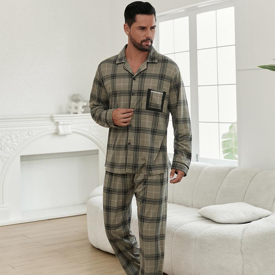 Men's Loose-Fit Pure Cotton Pajama Set: Long Sleeve Cardigan & Pants for Spring/Autumn