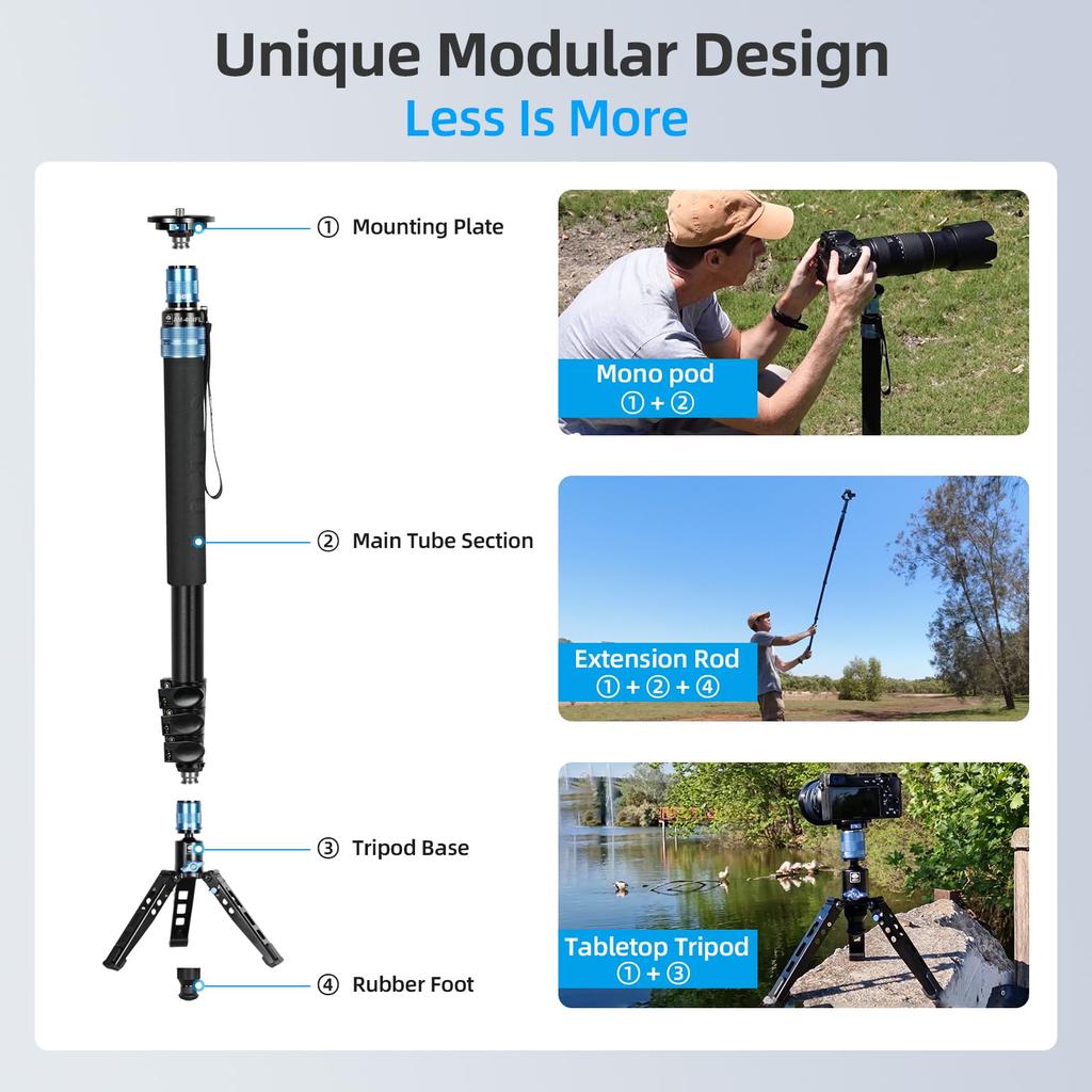SIRUI Camera Monopod with Feet Aluminum Travel Video Monopod with Detachable Base Slim and Light Weight Max Load 26 Lbs Panoramic Pan 4 Sections for