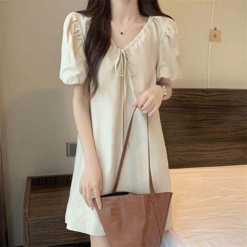 Puff Sleeve Elegant V-Neck Mini Dress Summer All-match Solid Color Female Clothing Fashionable Drawstring French Style Dresses