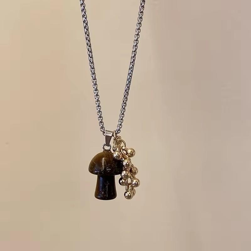 Spotted Tiger Eye Stone Mushroom Brown Heart Star Cross Flower Pendant Long Clavicle Chain Necklace Women Exquisite Accessories
