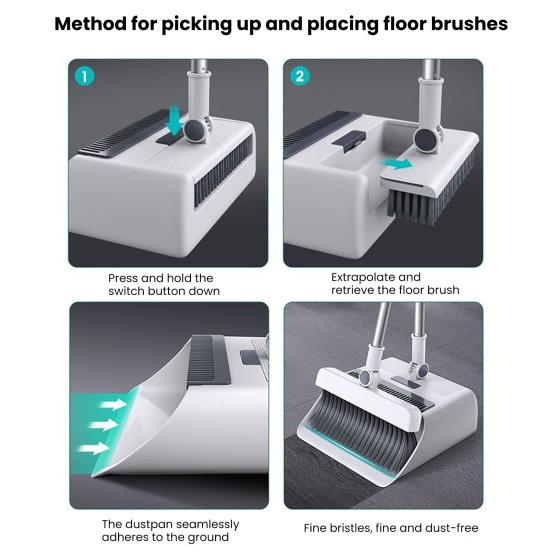 Broom Dustpan Set with Built-in Comb Teeth Adjustable Long Handle 180 Degree Rotating Broom Head Broom Dustpan Kit