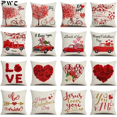 Valentine's Day Cushion Cover Red Car Rose Love Pillow Covers 18x18 Linen Throw Pillowcase Gift for Lover Home Decoration