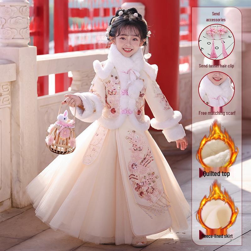 Girls' Velvet Hanfu Winter Outfit - Chinese New Year 2025 Tang Suit Costume