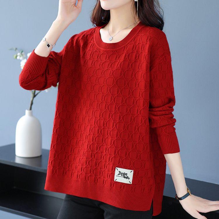 Spring and Autumn Women's Plus Size Knit Sweater Thin Loose Crew Neck Pullover Knitwear Short Slit Stretch Knit Top Jumper