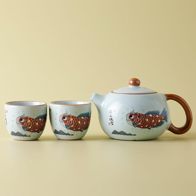 Tianqing Ru Kiln Gongfu Tea Set, Household Ceramic TeaPot and TeaCup, One Pot and Two Cups