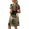 Vestido Casual Feminino de Manga Curta com Estampa Floral Retrô, Gola Redonda, Cinto na Cintura e Bolso